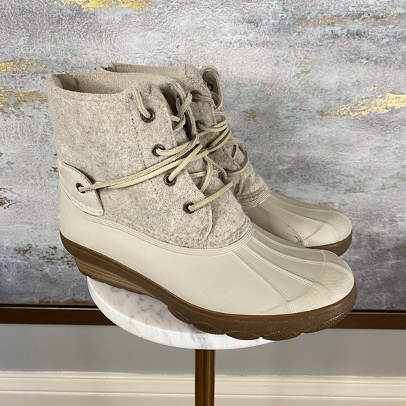 Sperry Snow Boots Womens Size 8 Beige Wool Duck Ankle Wedge Quarter STS80396 - Picture 2 of 10